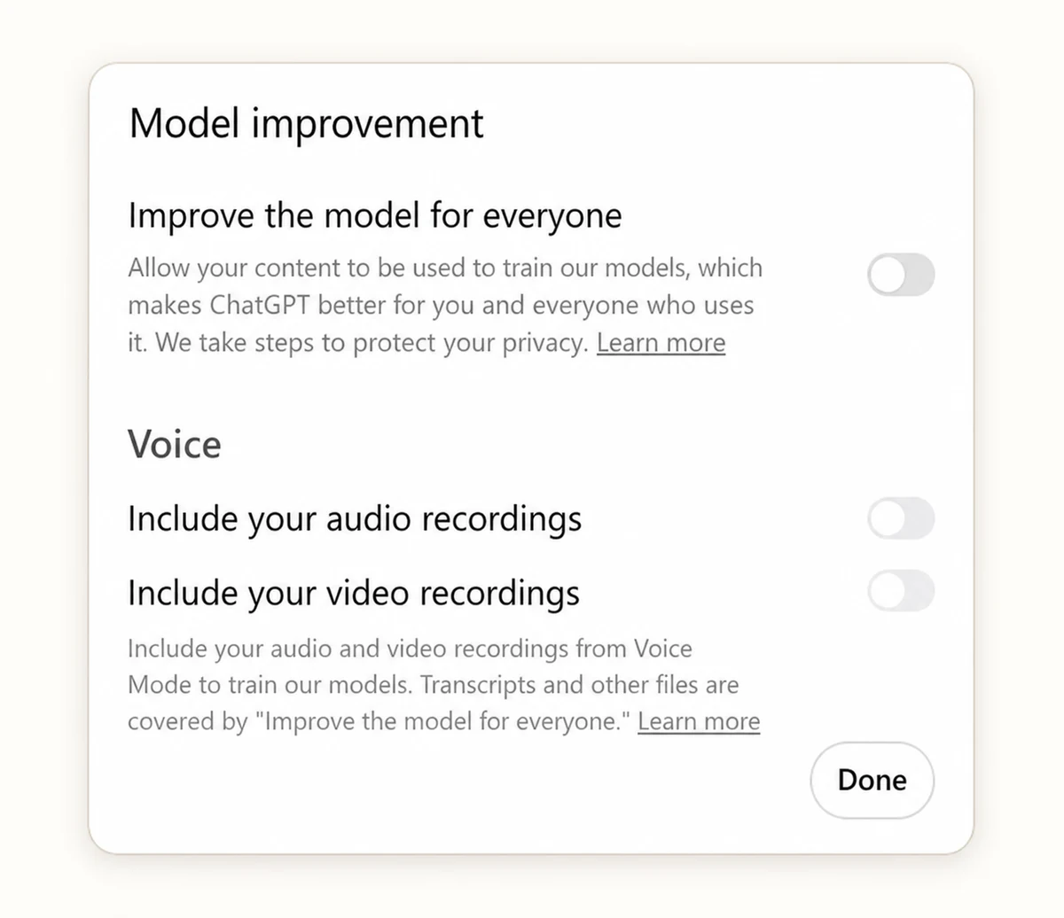 ChatGPT model improvement settings with Improve the model for everyone switched off