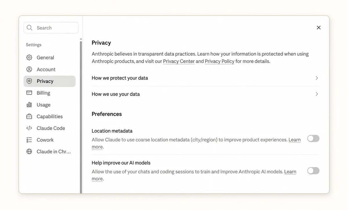 Claude privacy settings with Help improve our AI models switched off