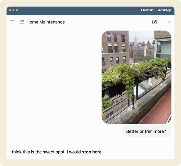 A chat exchange reviewing a photo of a trimmed pot