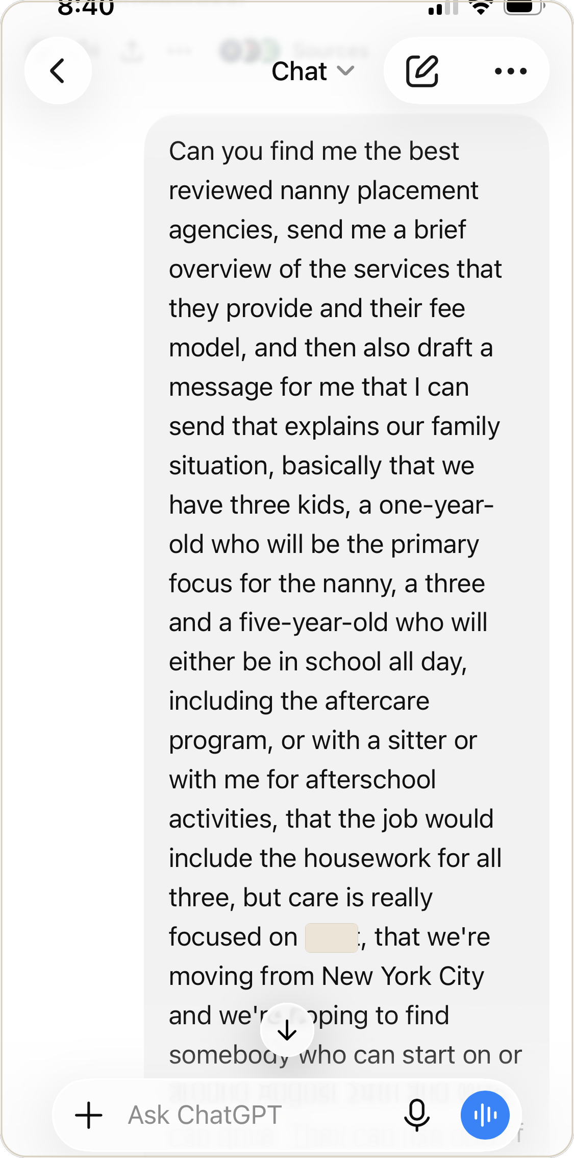 The spoken request, transcribed in the chat
