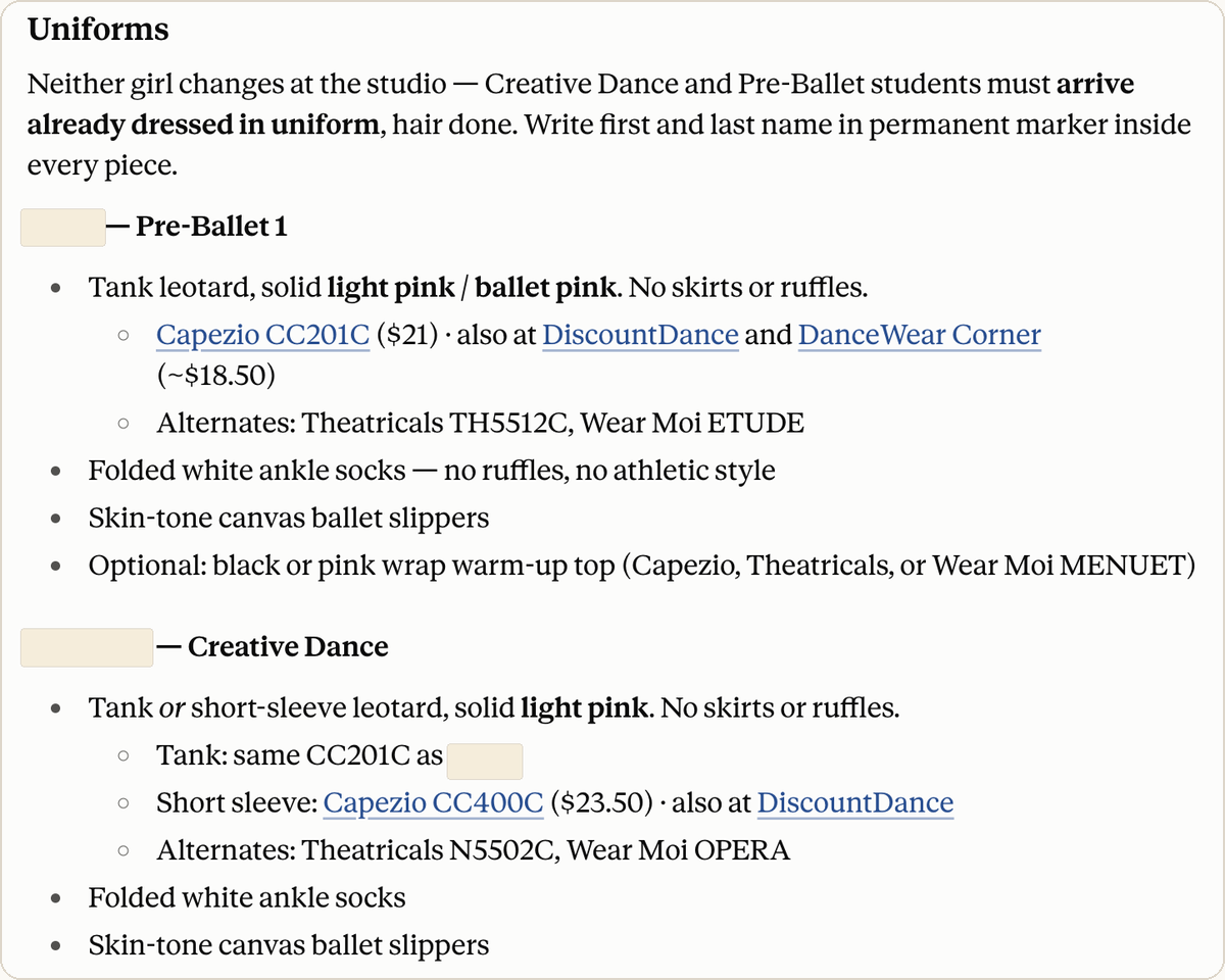 Claude's uniform checklist for two ballet classes: leotard, socks, and slippers for each girl