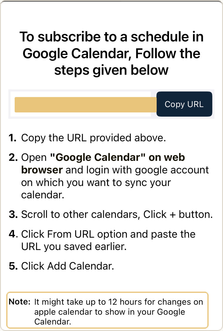 The soccer platform's instructions for subscribing to its schedule in Google Calendar: a Copy URL button, five numbered steps, and a boxed note at the bottom warning that changes may take up to 12 hours to show