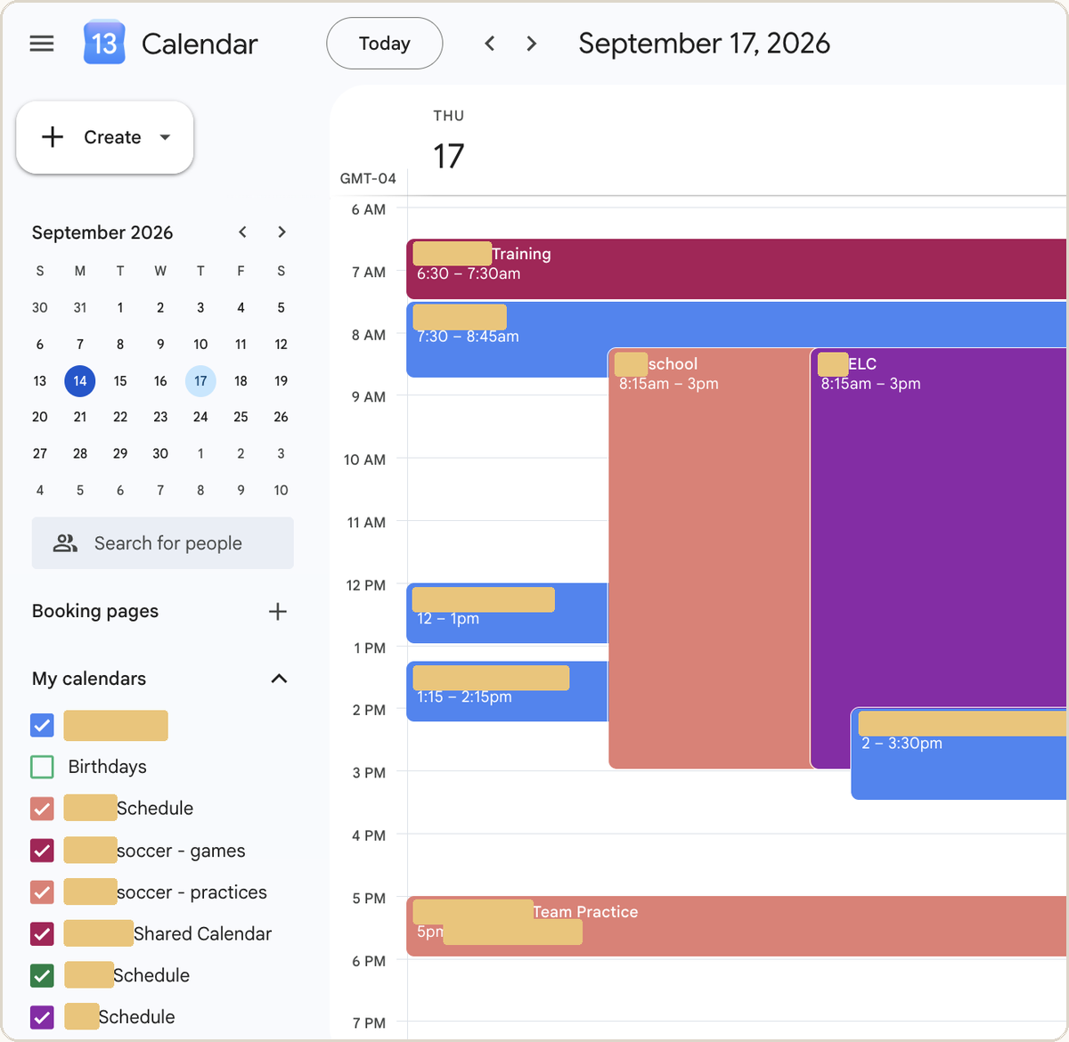 A Google Calendar day view for September 17, with "soccer - games" and "soccer - practices" listed among the family calendars in the My calendars sidebar and a 5pm Team Practice block on the day