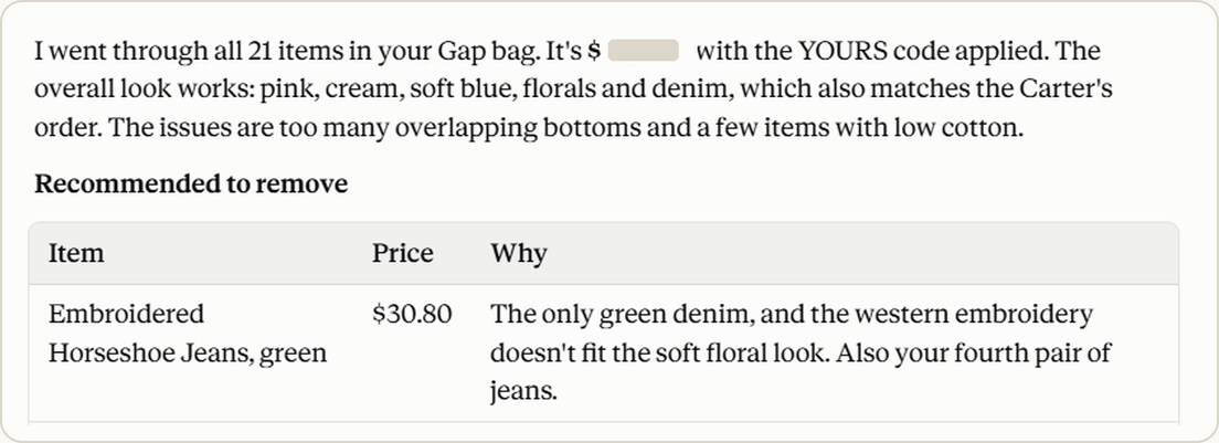 Claude's review of the Gap bag: all 21 items priced with the YOURS code applied, the overall look works in pink, cream, soft blue, florals and denim to match the Carter's order, the issues are too many overlapping bottoms and a few items with low cotton; then a "Recommended to remove" table whose first row is the green Embroidered Horseshoe Jeans, because they are the only green denim, the western embroidery doesn't fit the soft floral look, and they would be a fourth pair of jeans